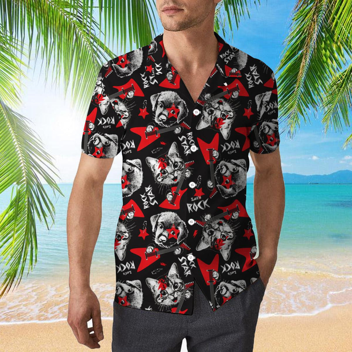 Cat Dog Play Rock On Electric Guitar Hawaiian Shirt