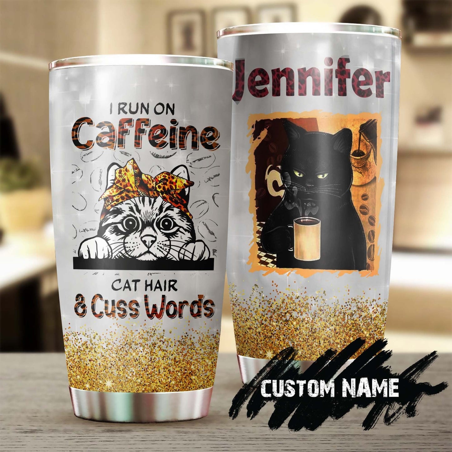 Cat I Run On Caffeine Cat Hair Cuss Words Personalized Tumbler