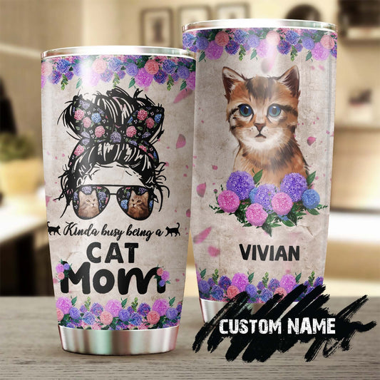 Cat Mom Kinda Busy Flowers Personalized Tumbler