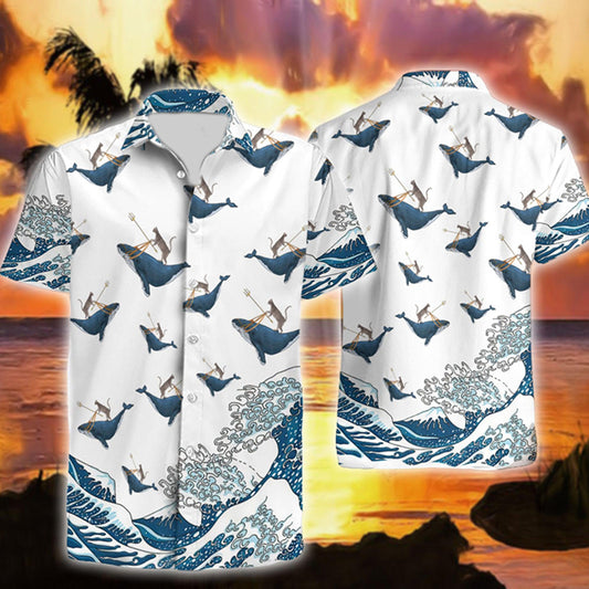 Cat Riding Whale Funny Hawaiian Shirt