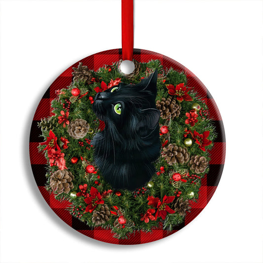 Christmas Black Cat Meowy Catmas Round Ornament