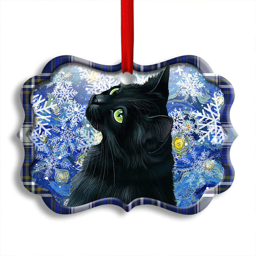 Christmas Black Cat Stary Snowy Night Horizontal Ornament