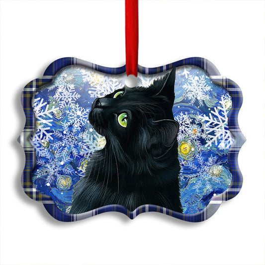 Christmas Black Cat Stary Snowy Night Horizontal Ornament