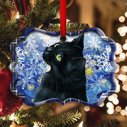 Christmas Black Cat Stary Snowy Night Horizontal Ornament 1