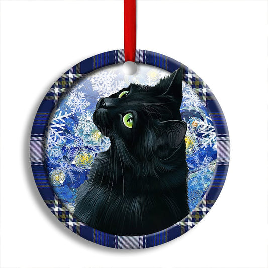 Christmas Black Cat Stary Snowy Night Round Ornament