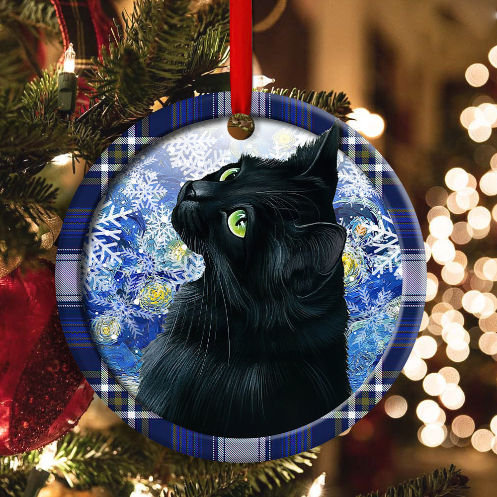 Christmas Black Cat Stary Snowy Night Round Ornament 1