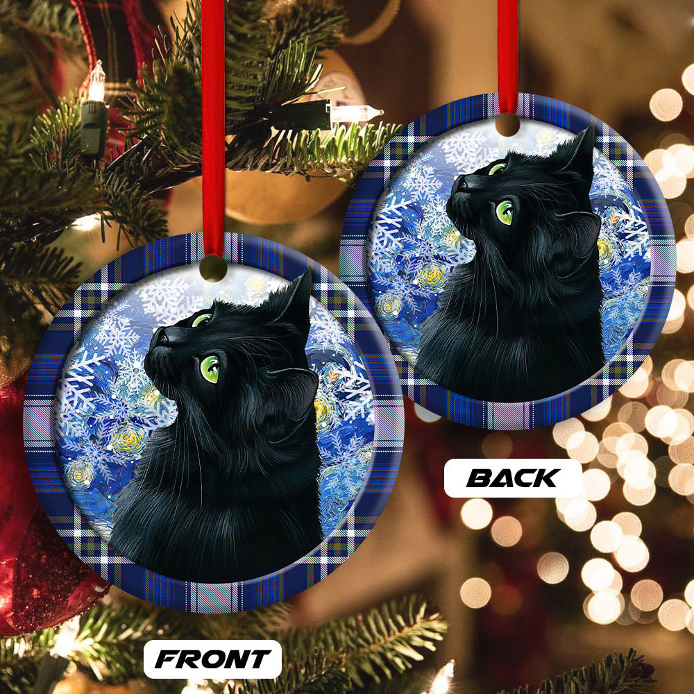 Christmas Black Cat Stary Snowy Night Round Ornament 2
