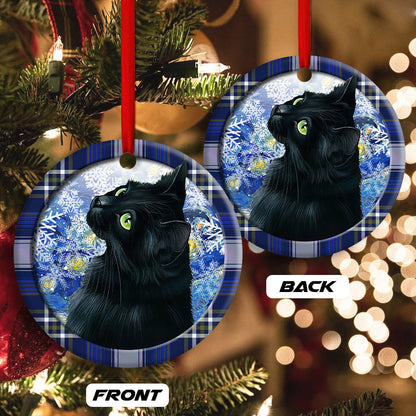 Christmas Black Cat Stary Snowy Night Round Ornament 2
