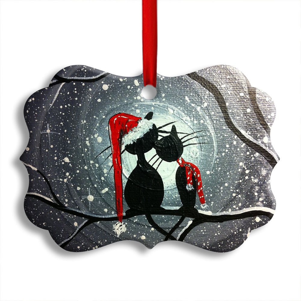 Christmas Cat Couple Lover With Moon Horizontal Ornament