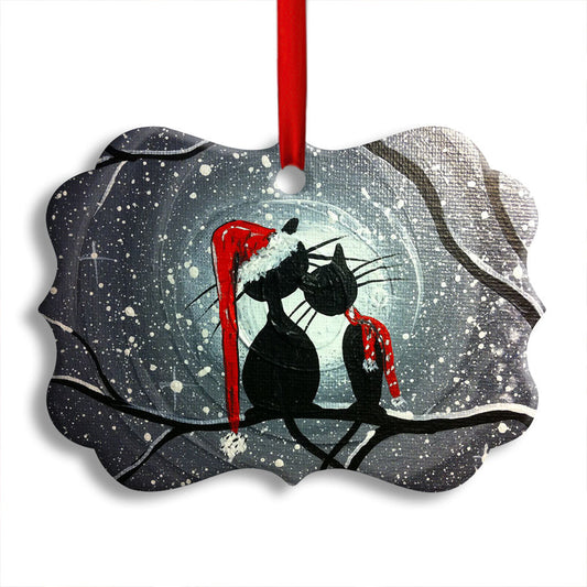 Christmas Cat Couple Lover With Moon Horizontal Ornament