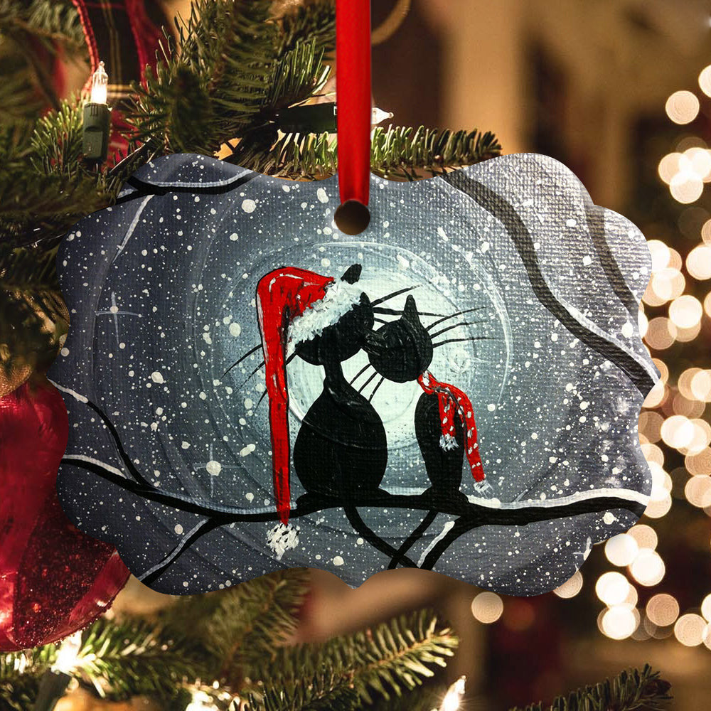 Christmas Cat Couple Lover With Moon Horizontal Ornament 1