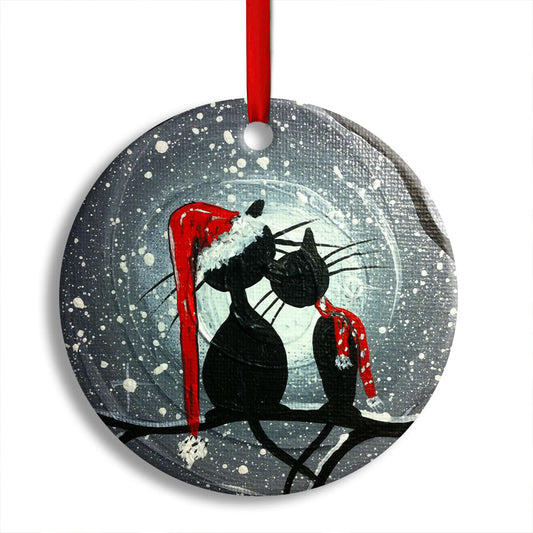 Christmas Cat Couple Lover With Moon Round Ornament