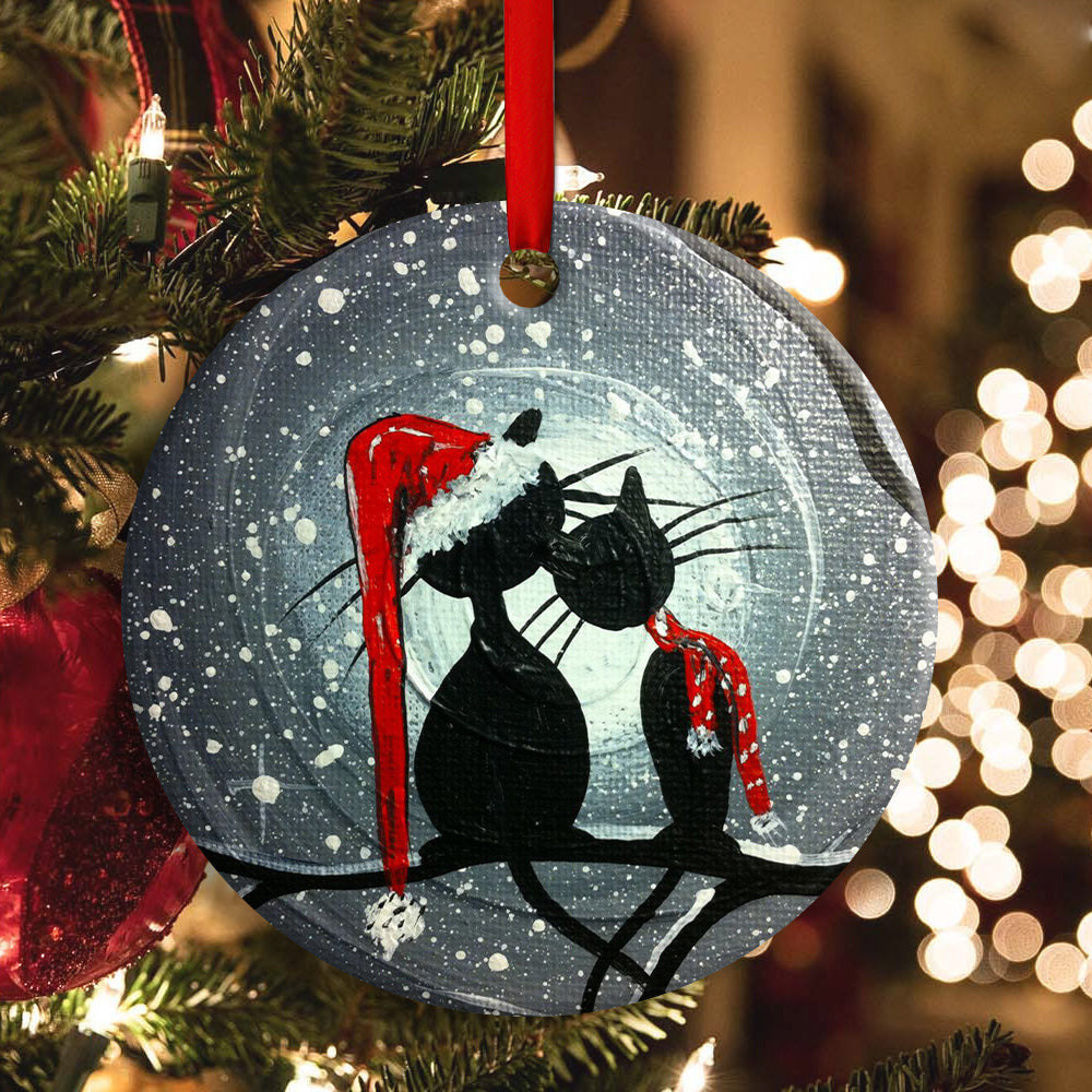 Christmas Cat Couple Lover With Moon Round Ornament 1