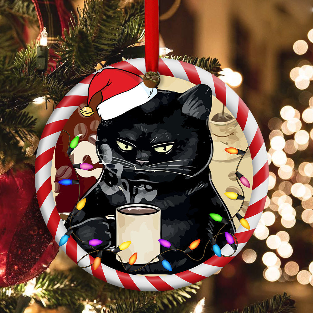 Christmas Cat Drink Coffee I Hate People Round Ornament 1