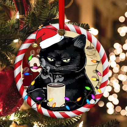 Christmas Cat Drink Coffee I Hate People Round Ornament 1