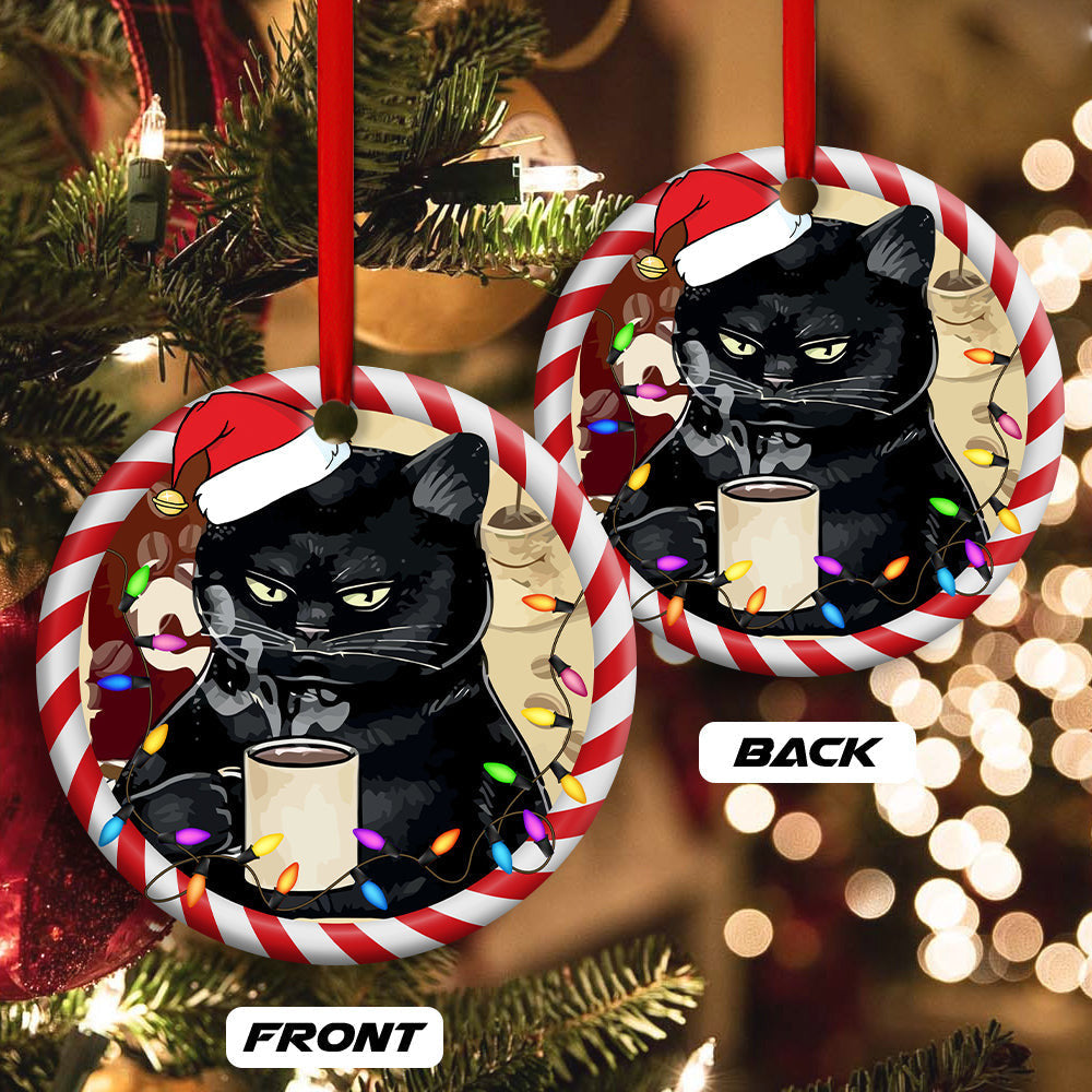 Christmas Cat Drink Coffee I Hate People Round Ornament 2