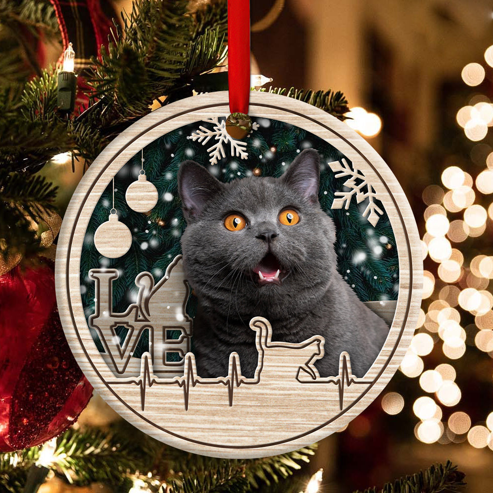 Christmas Cat Lover Heart Beat Round Ornament 1