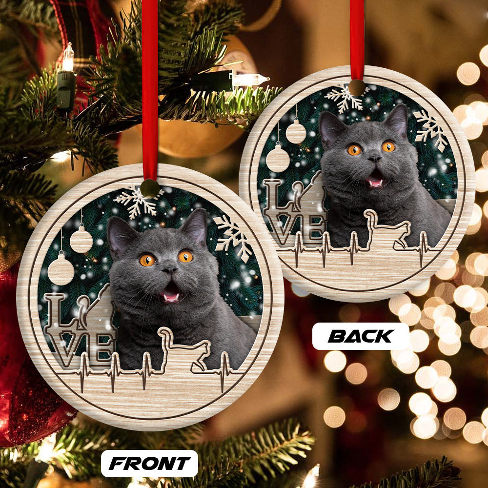 Christmas Cat Lover Heart Beat Round Ornament 2