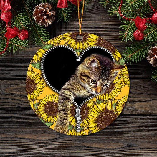 Cute Cat Sunflower Zipper Mica Round Christmas Ornament