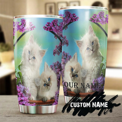 Cute Cat With Purple Flowers Personalized Tumbler