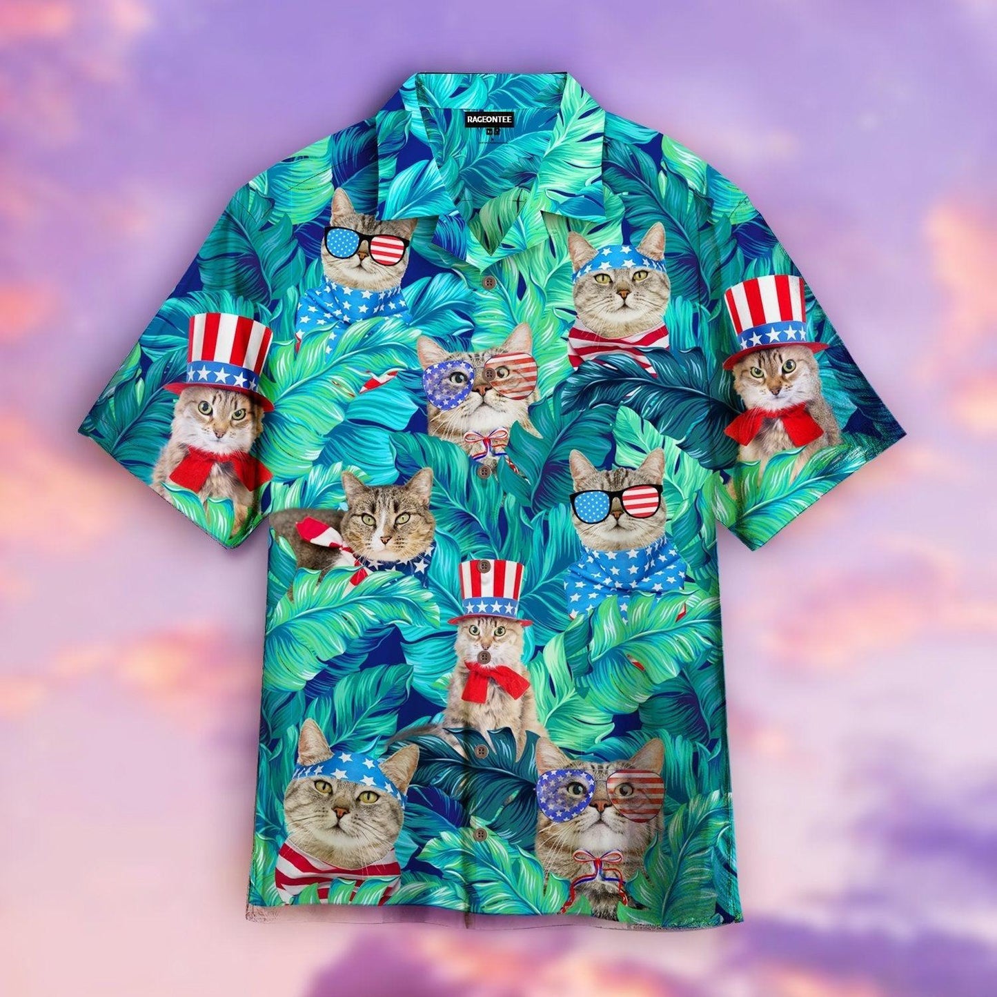 Cute Funny Cat American Flag Style Hawaiian Shirt