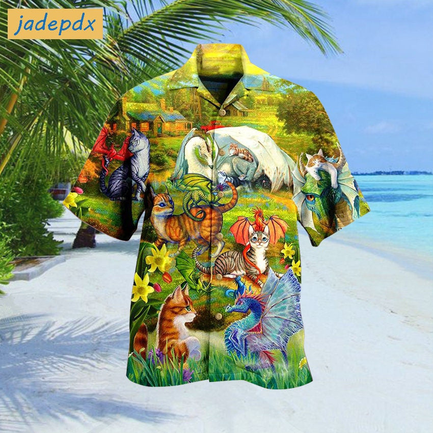 Dragon And Cats Cute Design Hawaiian Shirt