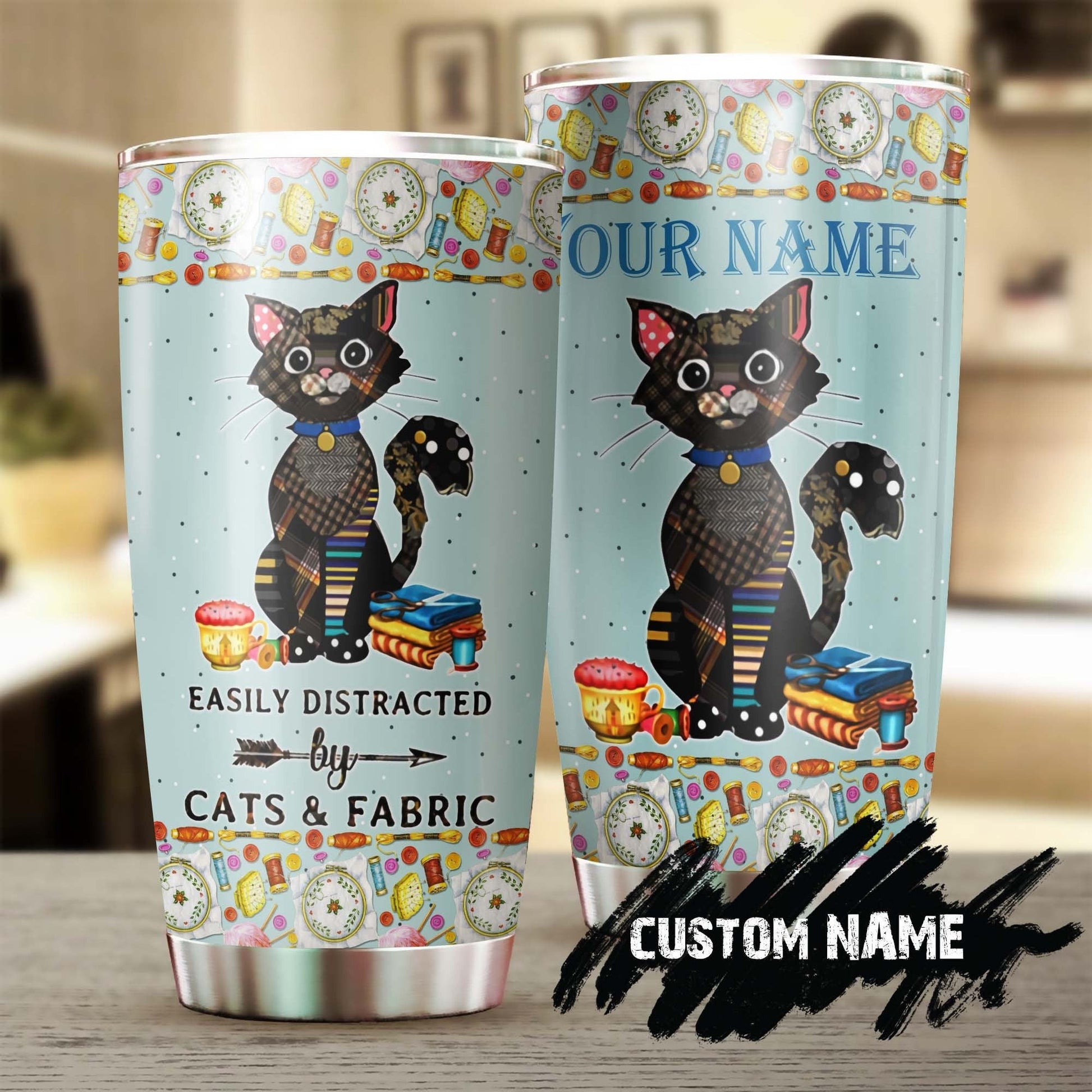 Easily Distracted By Cats And Fabric Personalized Tumbler
