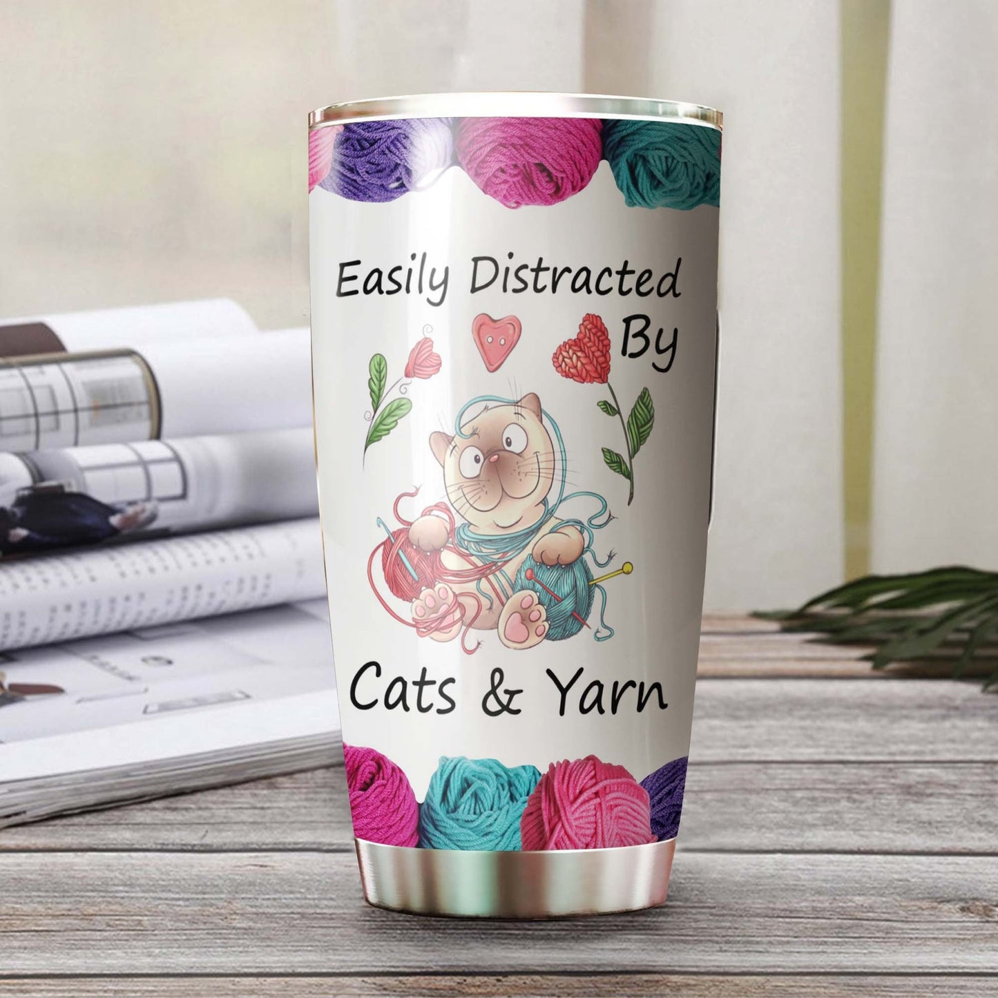 Easily Distracted By Cats And Yarn Personalized Tumbler 1