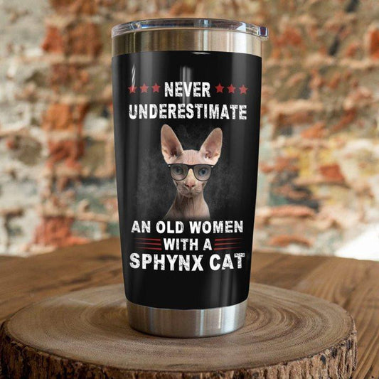 Fancy Sphynx Cat Wearing Sunglasses An Old Woman With A Shynx Tumbler