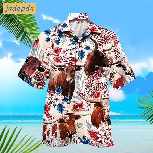Floral Longhorn Cow Cattle Tropical American Flag Hawaiian Shirt
