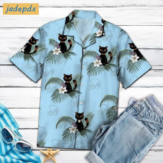 Funny Black Cat Tropical Leaves Hawaiian Shirt
