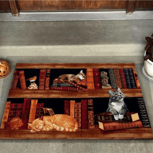 Funny Cat In Bookshelf DoorMat
