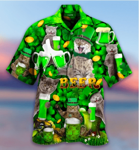 Funny Cat With Beer On Saint Patricks Day Hawaiian Shirt