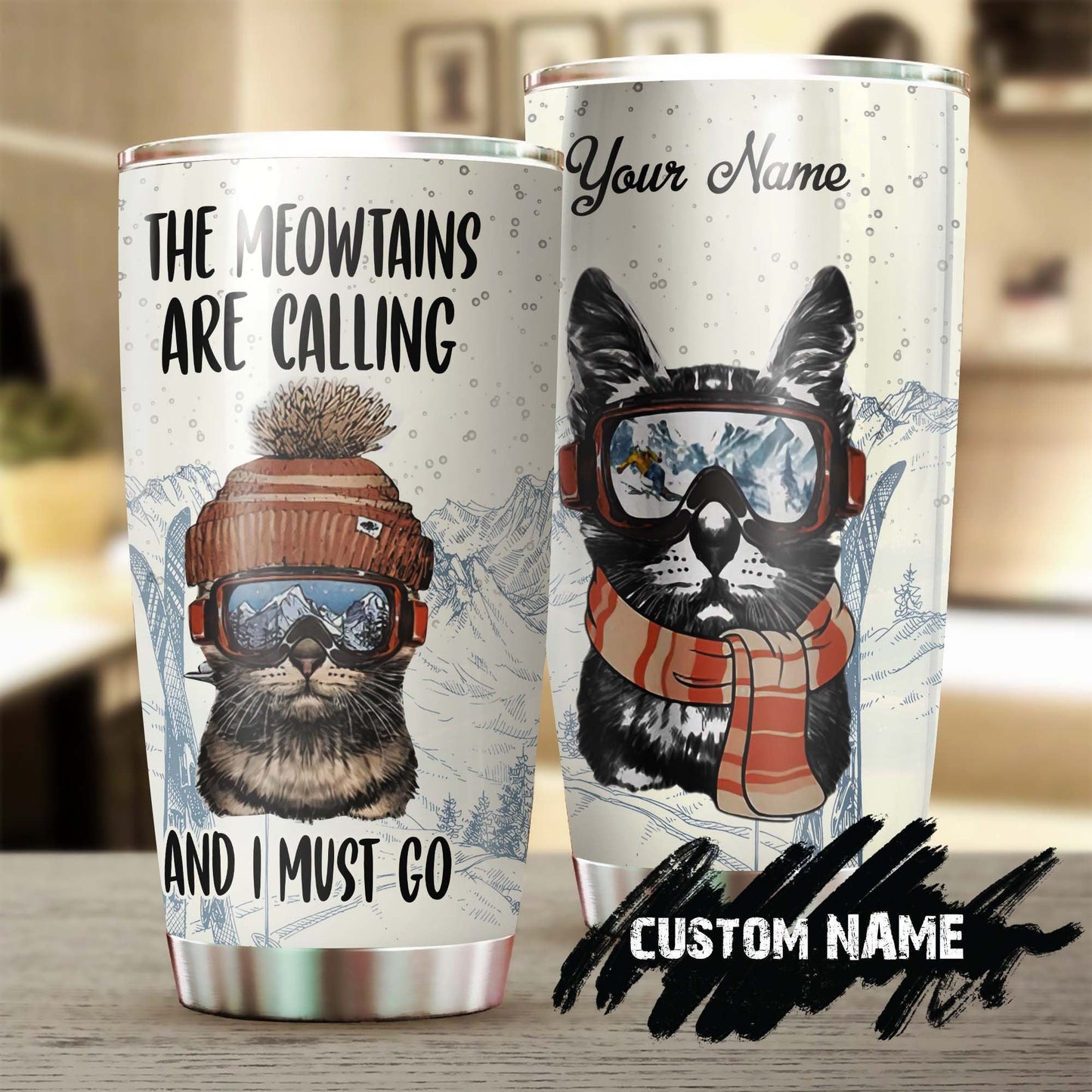 Funny Skiing Cat Meowtain Calling I Must Go Personalized Tumbler