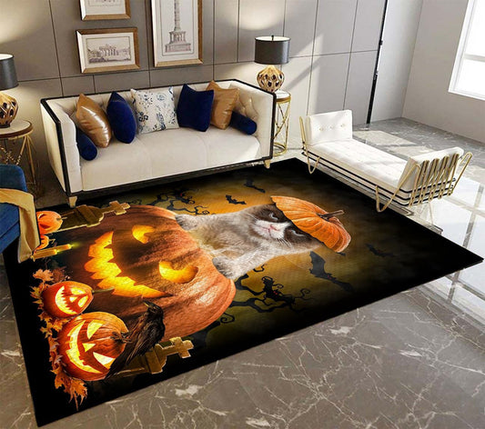 Grumpy Cat Pumpkin Halloween Rectangle Rug Home Decor