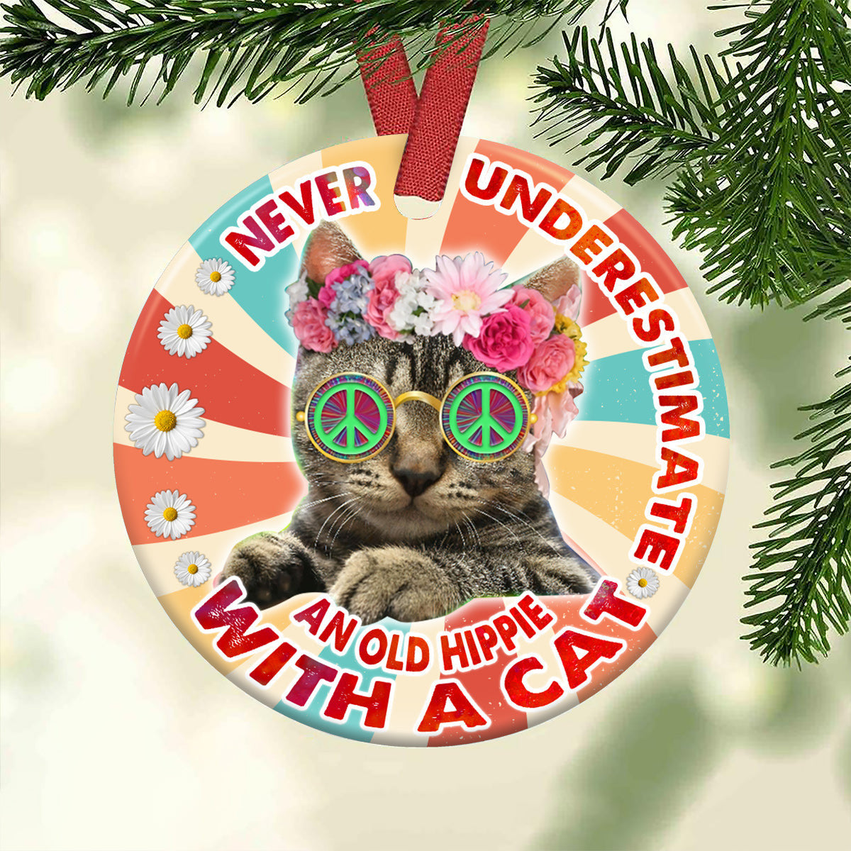 Hippie Never Underestimate An Old Hippie With A Cat Round Christmas Ornament