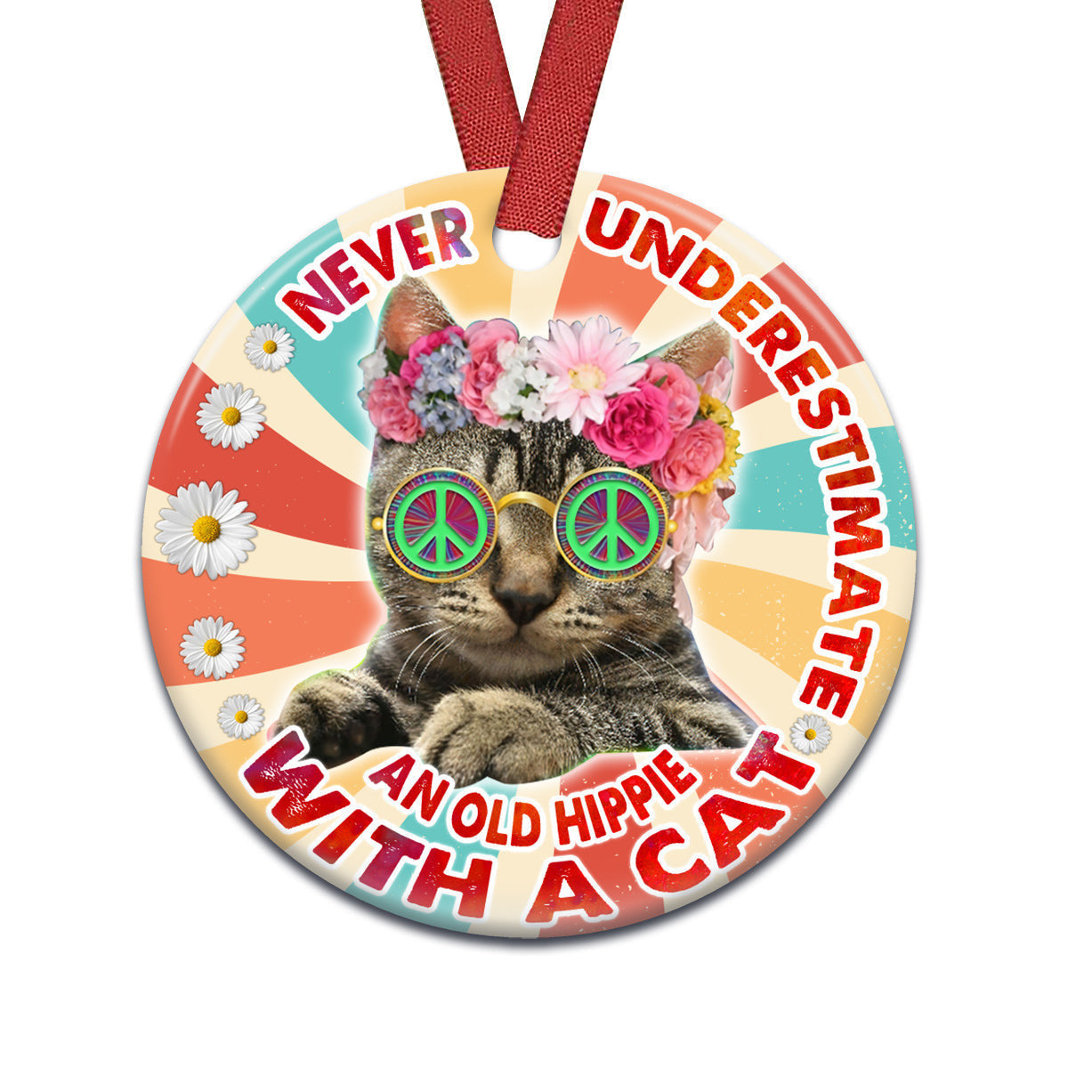Hippie Never Underestimate An Old Hippie With A Cat Round Christmas Ornament 1