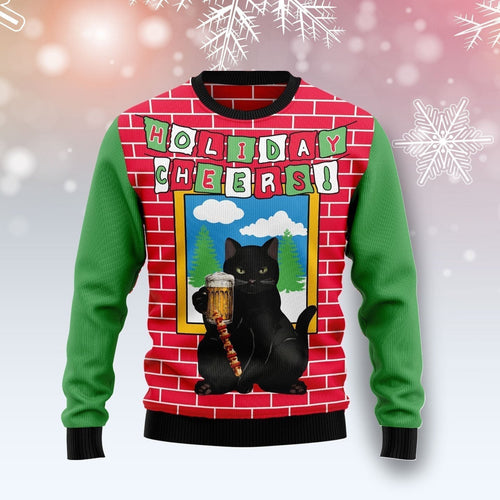 Holiday Cheer Black Cat Beer Ugly Christmas Sweater
