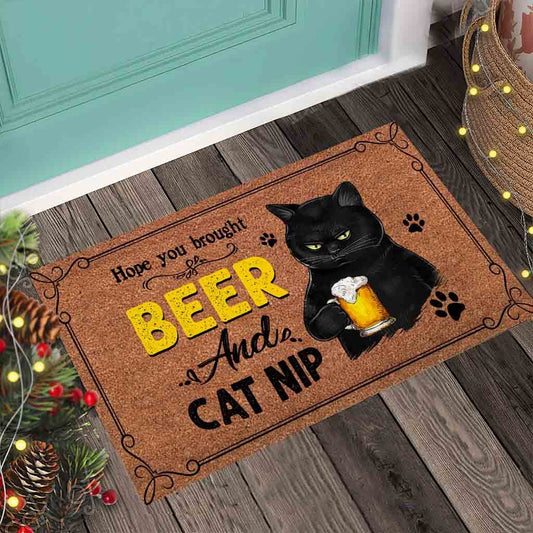 Hope You Brought Beer Black Cat Easy Clean Welcome DoorMat