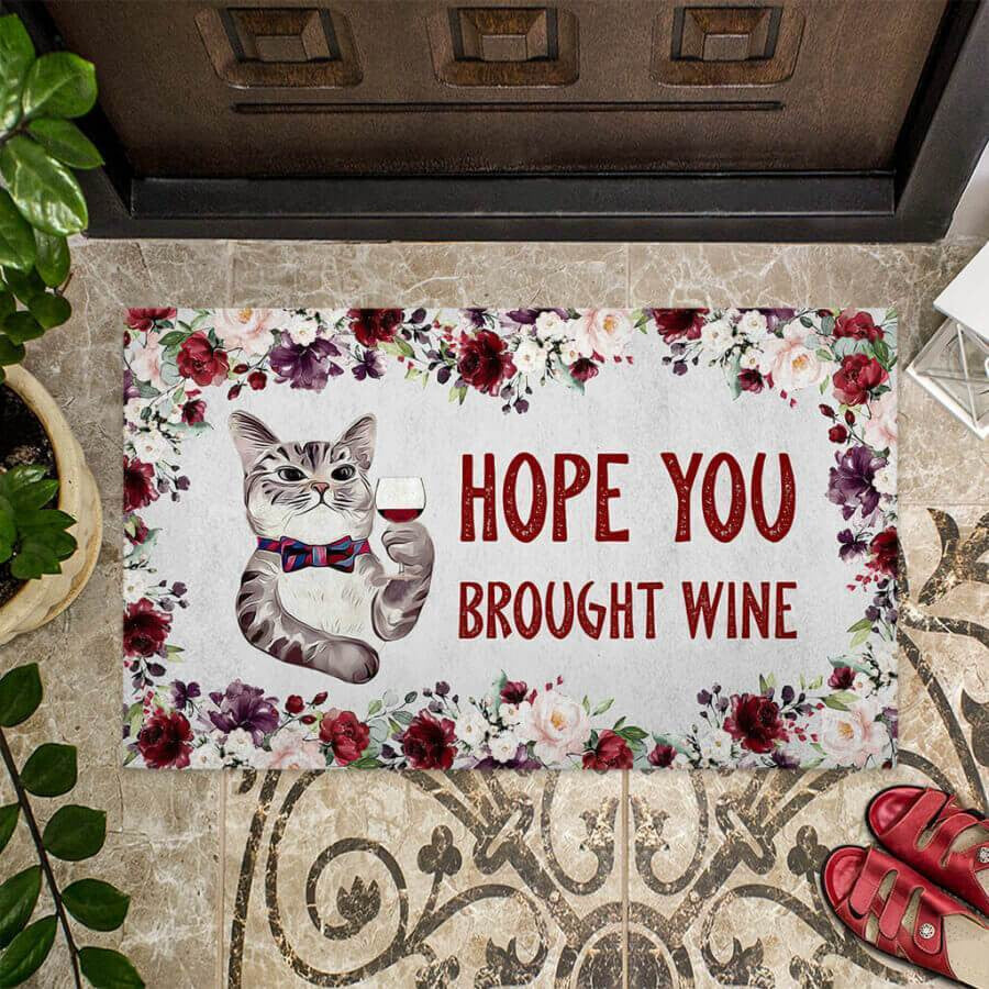 Hope You Brought Wine Cat Easy Clean Welcome DoorMat 2