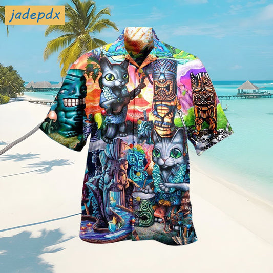 It's Time And Cat Tiki Sculpture Hawaiian Shirt