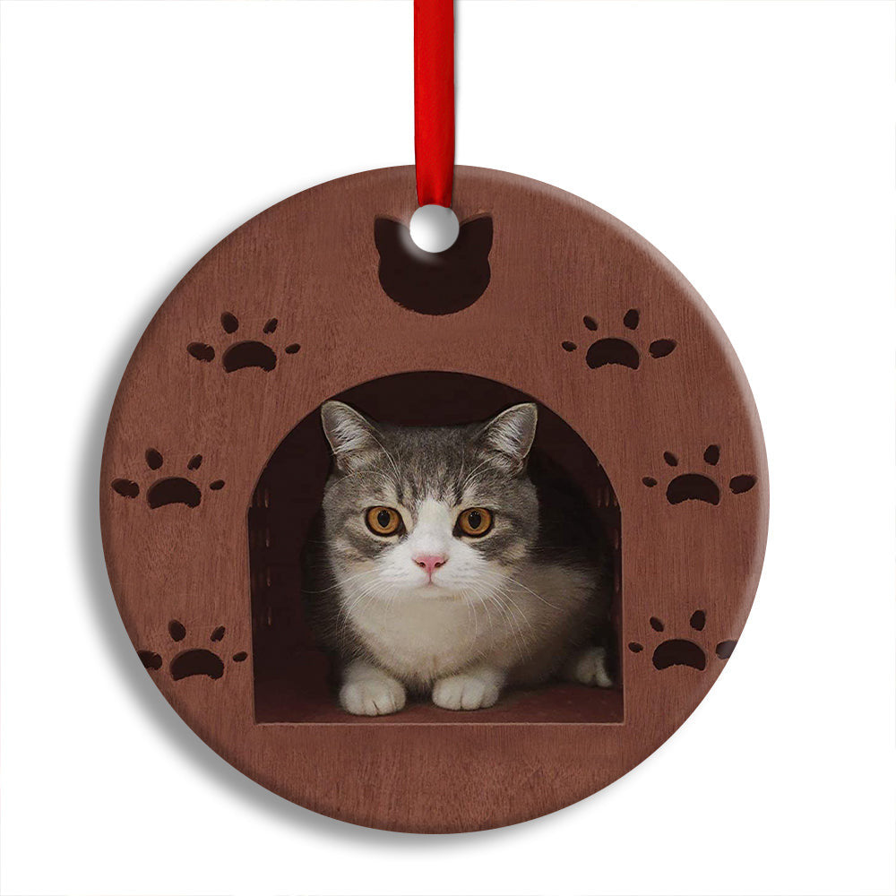 Kitty Cat Wooden House Cat Shelter Round Christmas Ornament
