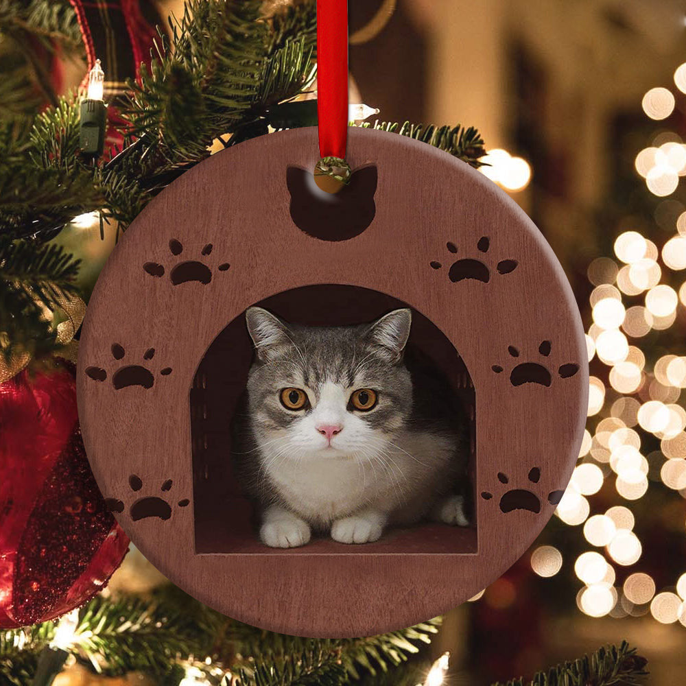 Kitty Cat Wooden House Cat Shelter Round Christmas Ornament 1
