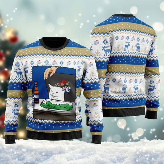 Labatt Blue Cat Meme Christmas Ugly Sweater