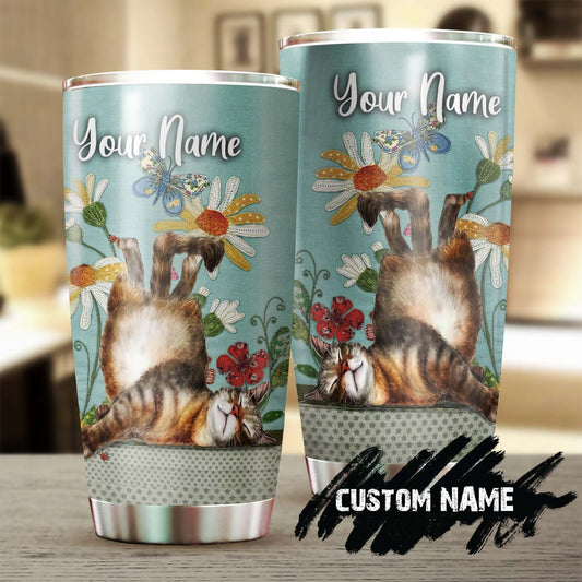 Lazy Cat Embroidered Flowers Personalized Tumbler