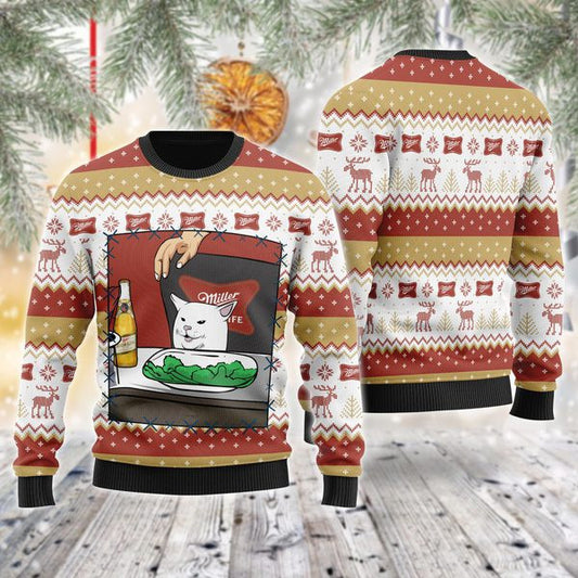 Miller High Life Cat Meme Christmas Ugly Sweater