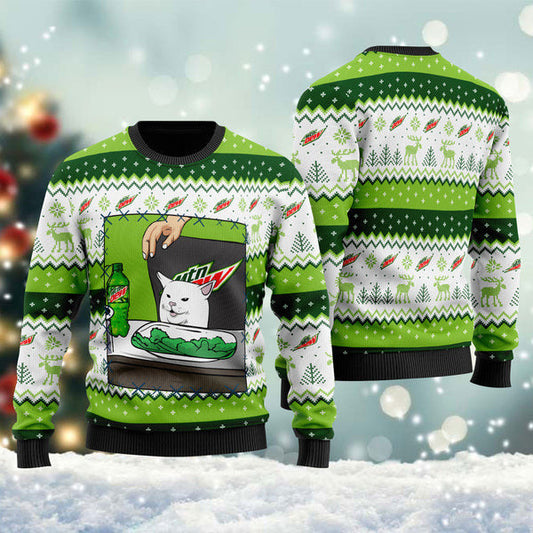 Mountain Dew Cat Meme Christmas Ugly Sweater