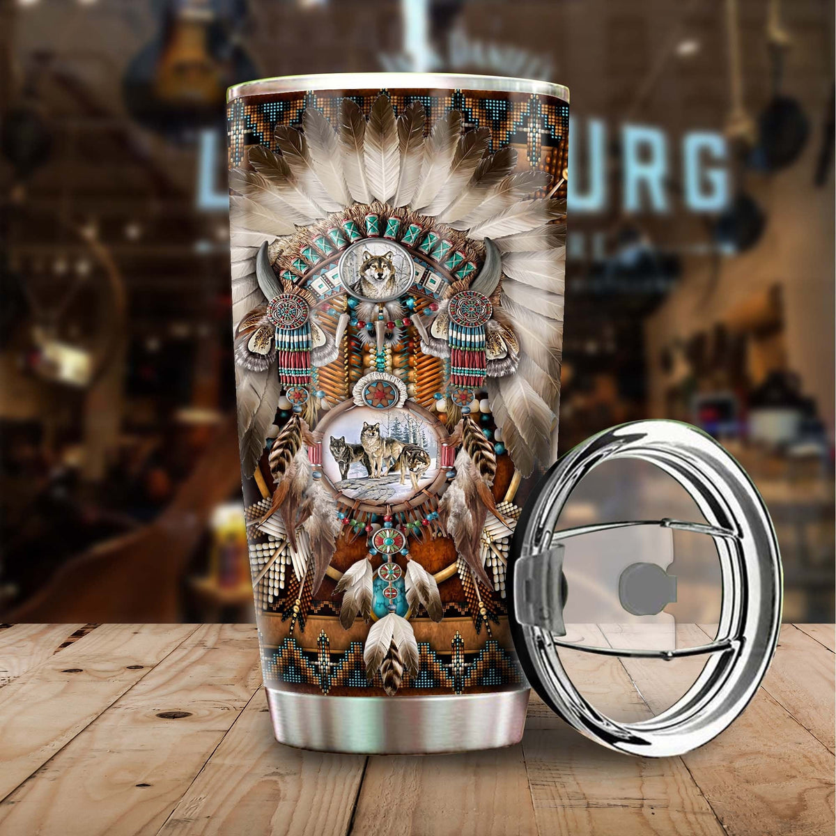 Native Wolf Dreamcatcher Steel Tumbler 1