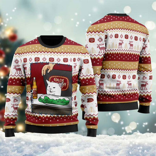 Olde English 800 Cat Meme Christmas Ugly Sweater