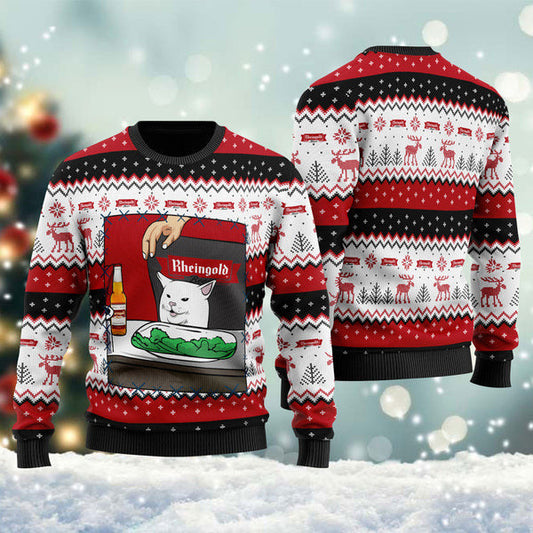 Rheingold Beer Cat Meme Christmas Ugly Sweater